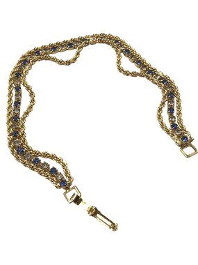 Gold Tone Blue Clear Rhinestone Three Strand Tennis Bracelet, M81